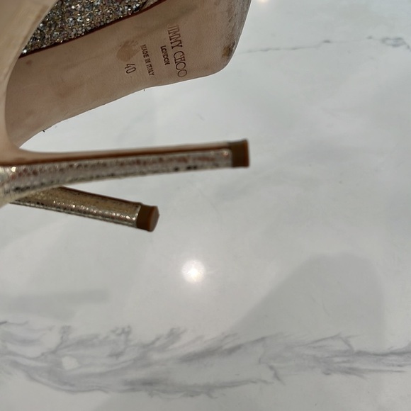 JIMMY CHOO SILVER SEQUIN EVENING PLATFORM SLINGBACK OPEN TOE HEELS SIZE 40 (9) - Picture 9 of 12
